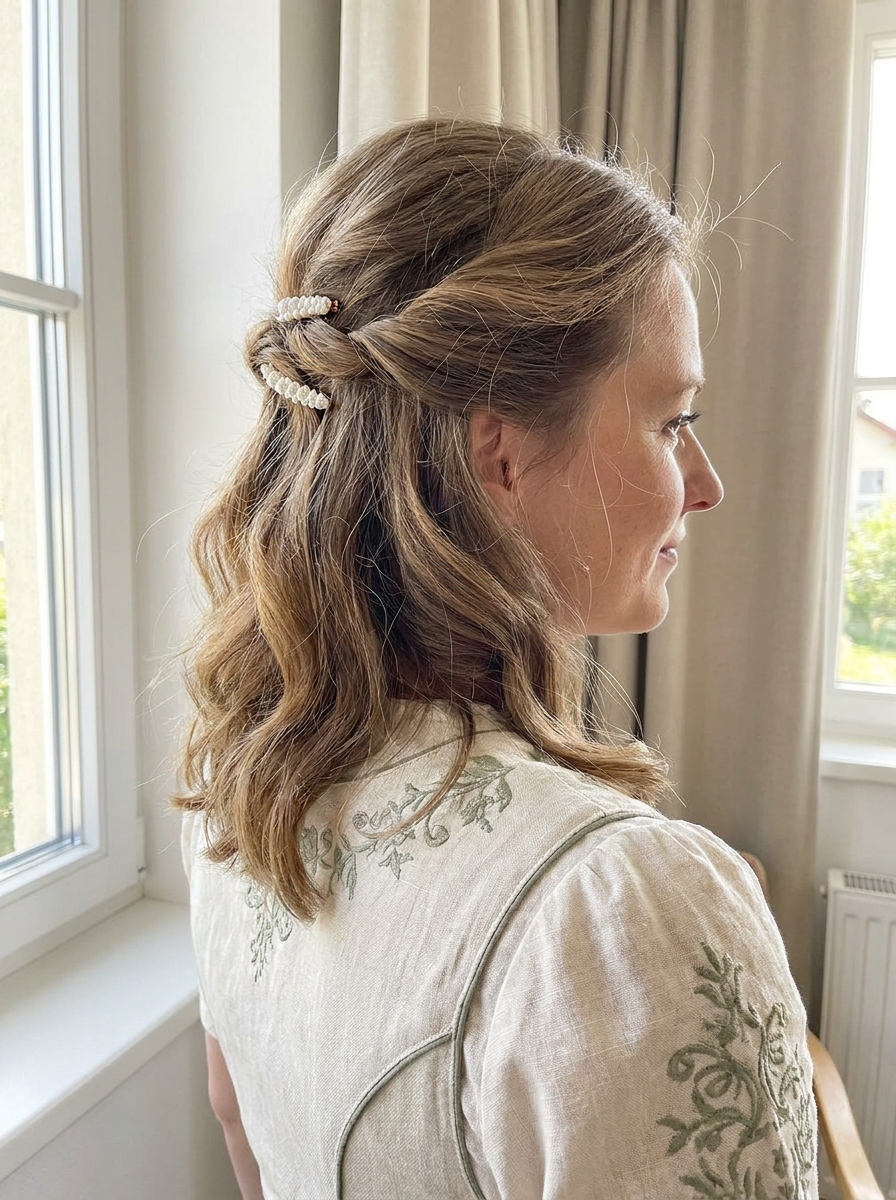 Half-Up Hairstyle mit Perlenclips als Dirndlfrisuren Inspiration 2026